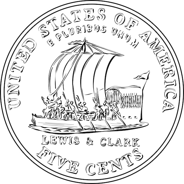 Premium vector jefferson nickel american money usa fivecent coin with keelboat of lewis and clark expedition on rev