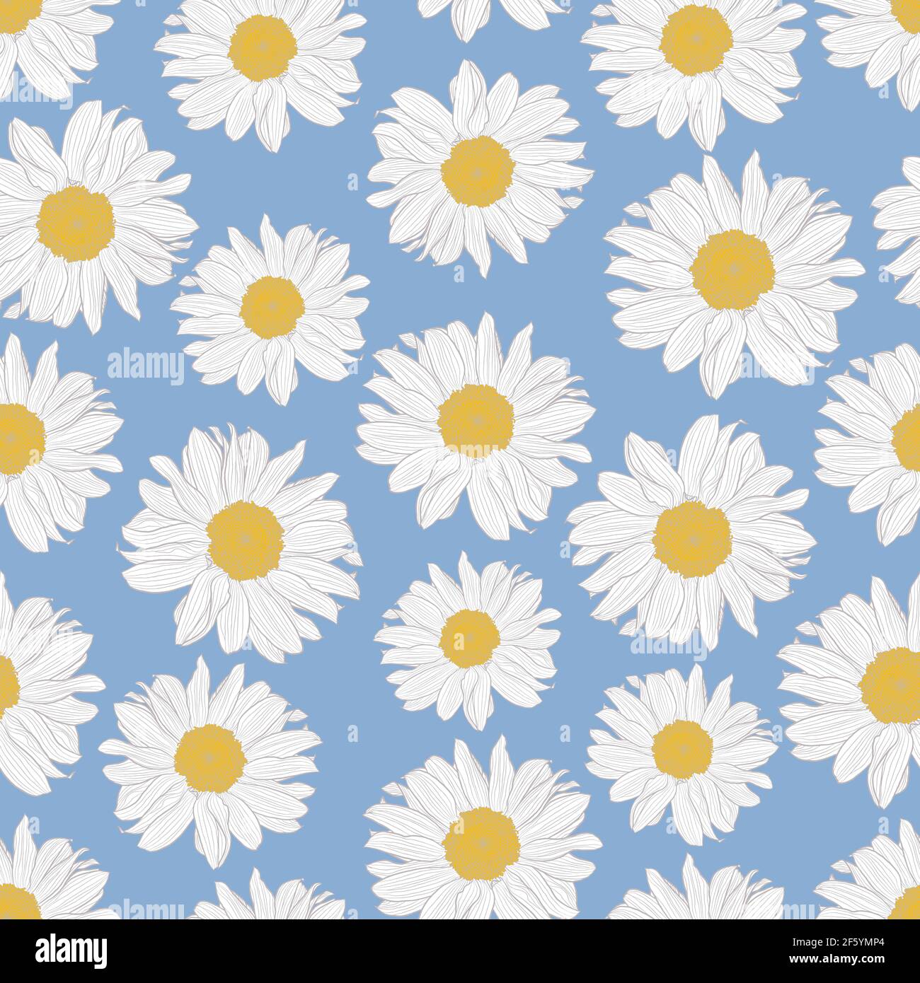 Vector seamless pattern of yellow and white chamomile flowers on light blue background decorative print for wallpaper wrapping textile fabric stock vector image art