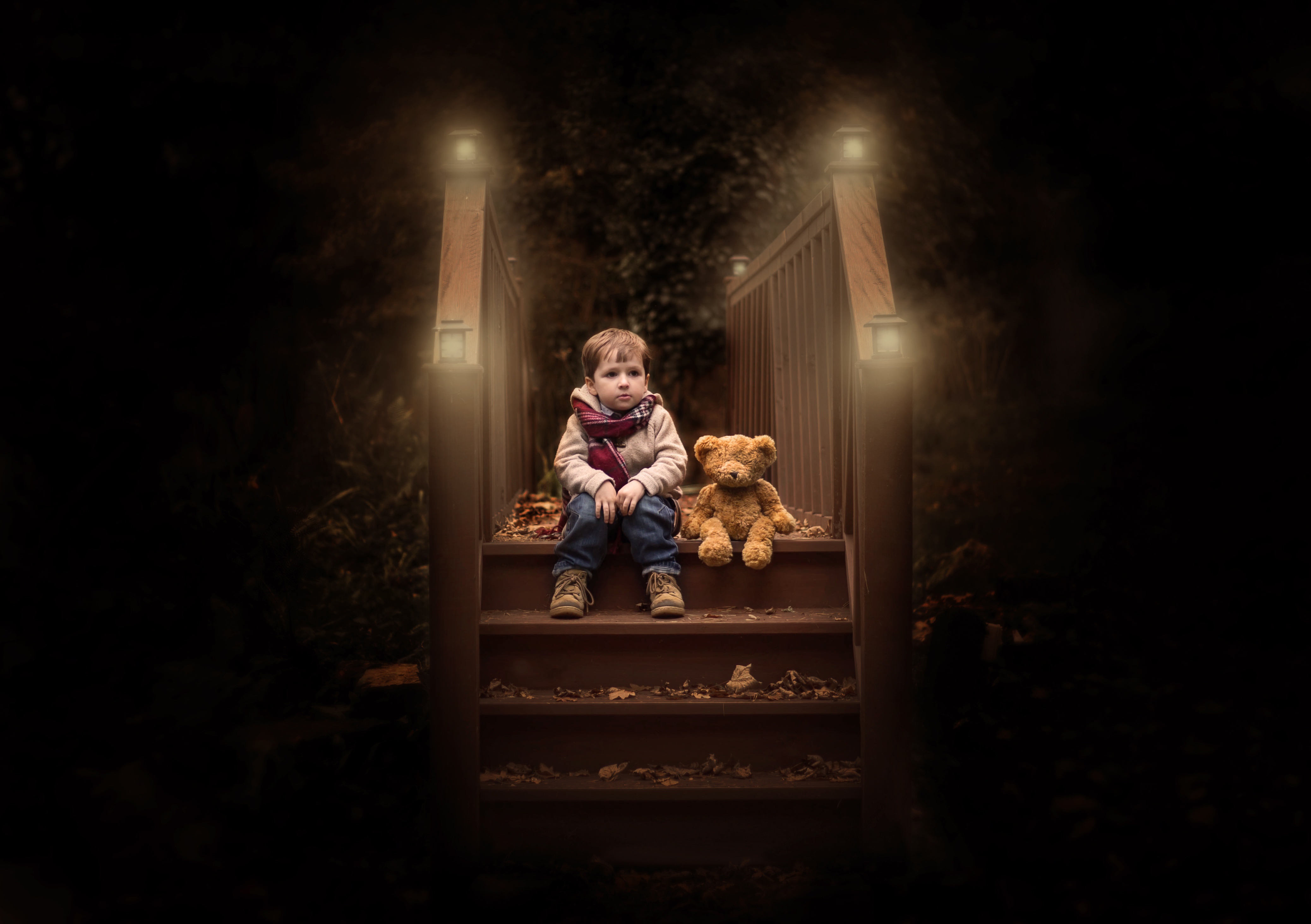 Cute boy wood alone foliage autumn teddy bear k lights