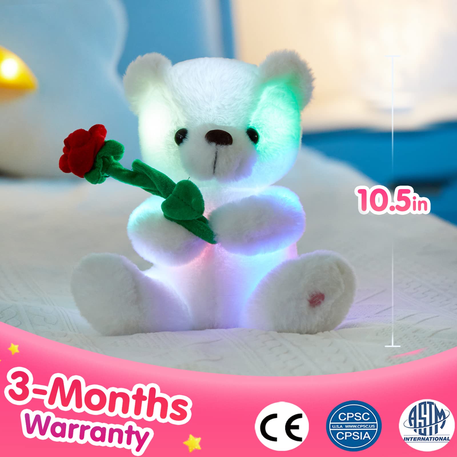 Houwsbaby glow teddy bear with rose stuffed animal soft light up plush toy led night lights valentines day gifts for kids toddler girlfriend mothers day white