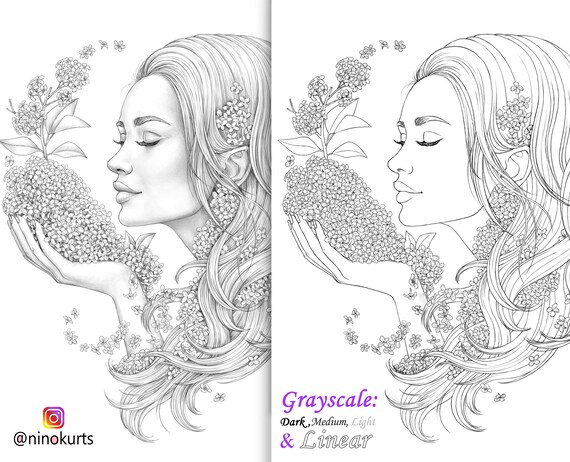 Lilac beauty coloring page printable adult coloring pages download grayscale illustration printable jpg pdf files