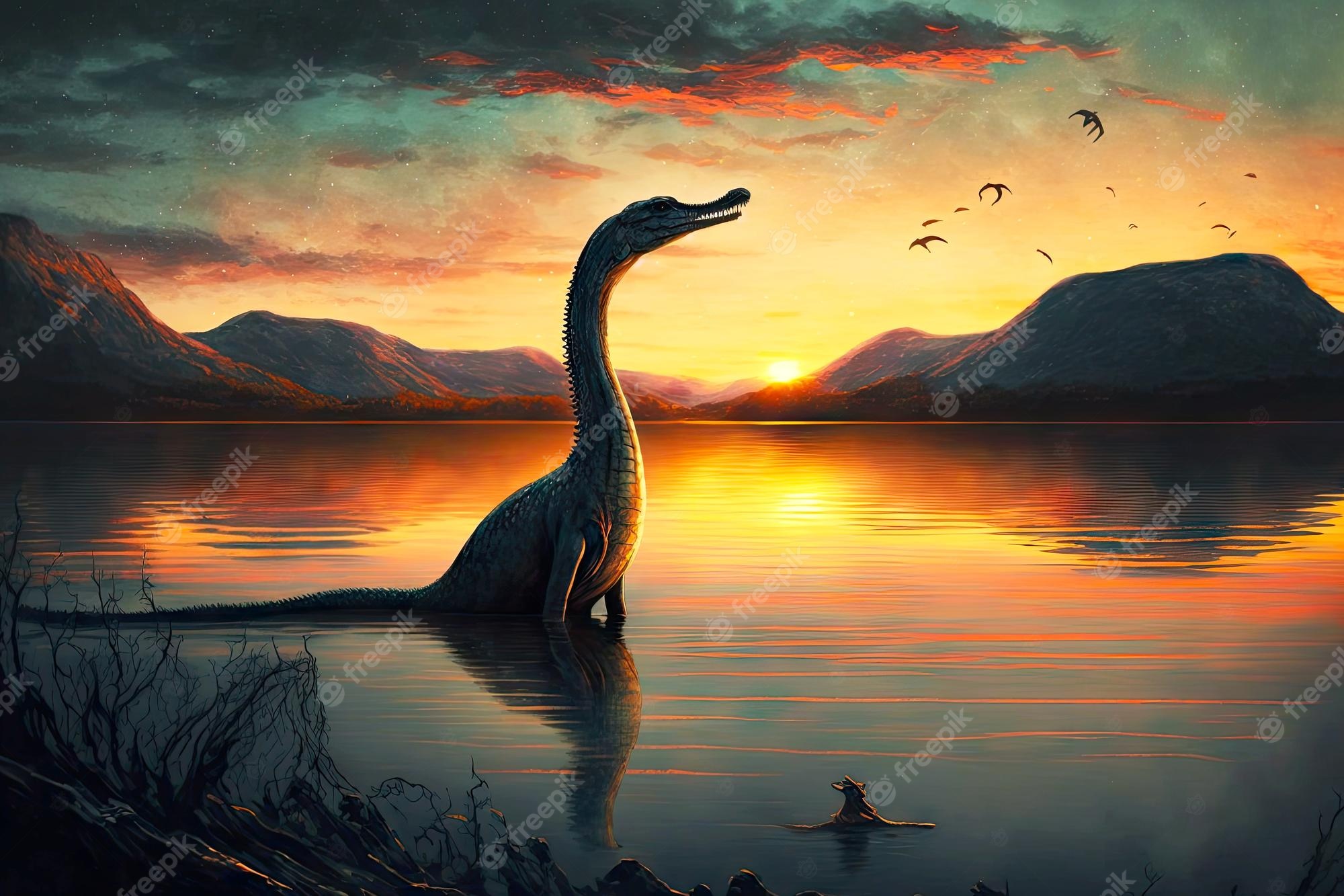 Premium photo mythical animal loch ness monster in lake against background of sunset