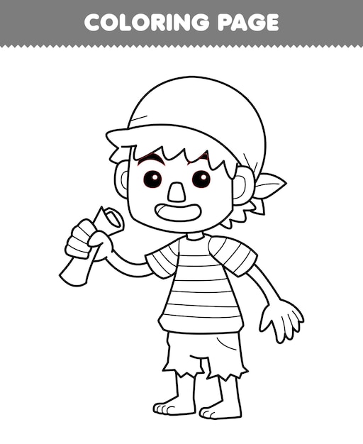 Premium vector education game for children coloring page of cute cartoon boy character line art printable pirate worksheet