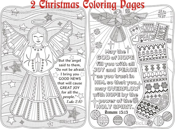 Two christmas coloring pages luke and romans colouring angel xmas stocking yuletide doodles digital download download now