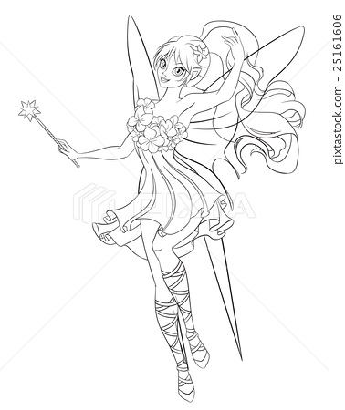 Fairy with magic wand vector coloring page