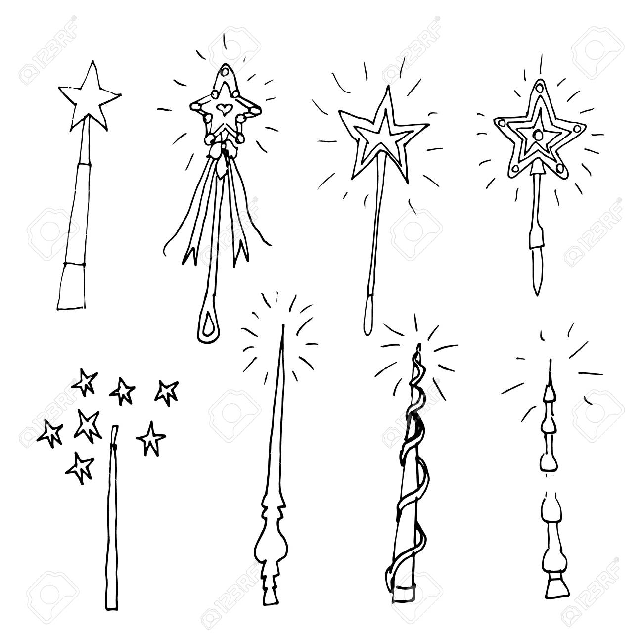 Hand drawn doodle magic wand setperfect for invitation greeting card coloring book textile print royalty free svg cliparts vectors and stock illustration image