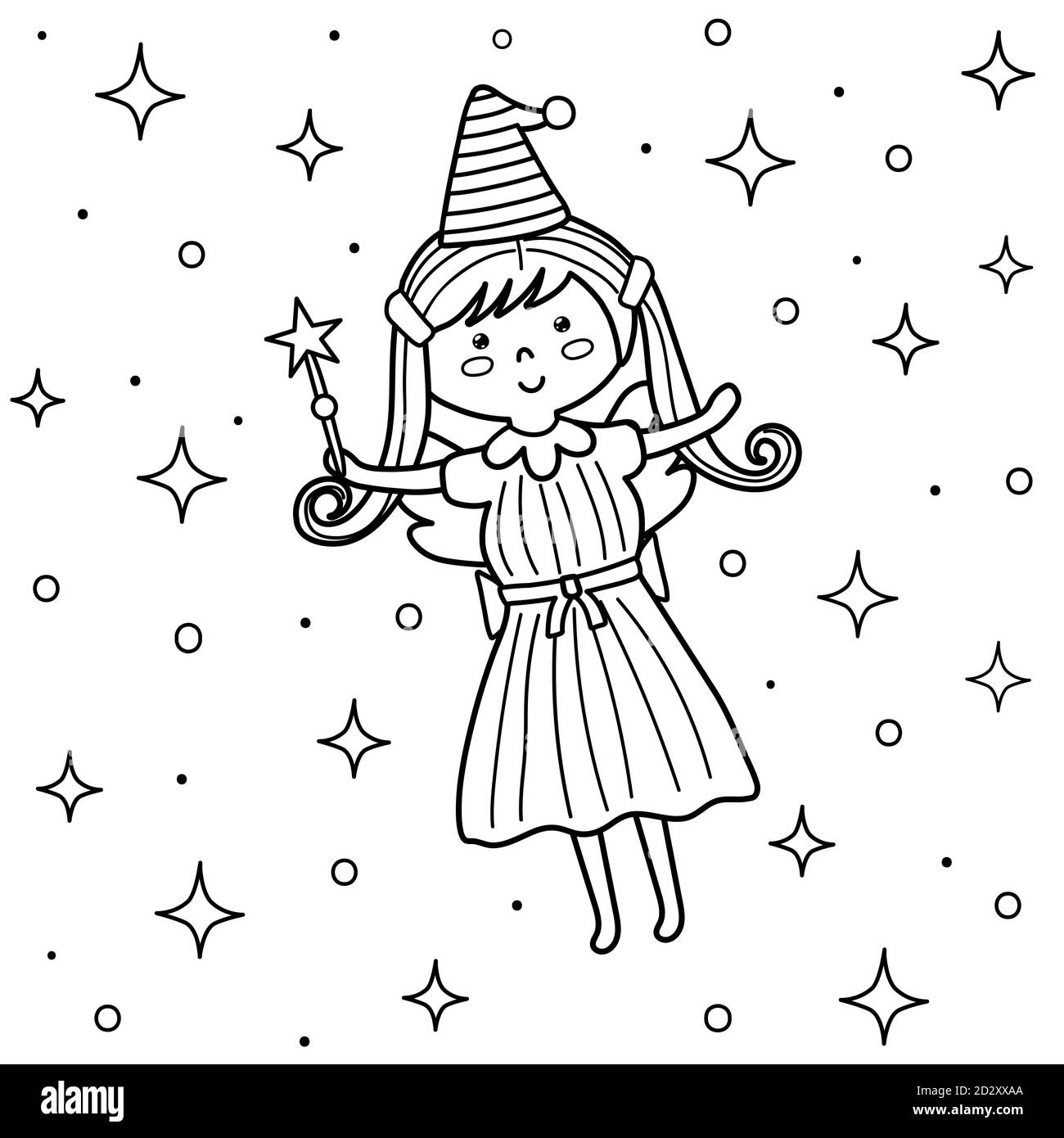 Cute fairy with a magic wand in the sky coloring page fantasy coloring book stock vector image art
