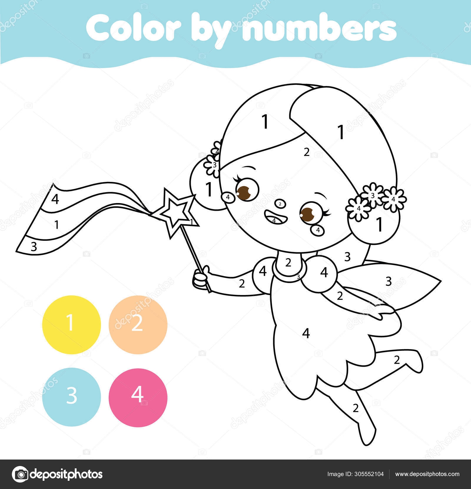 Cute fairy with magic wand coloring page for kids educational children game color by numbers activity stock vector by ksuklein