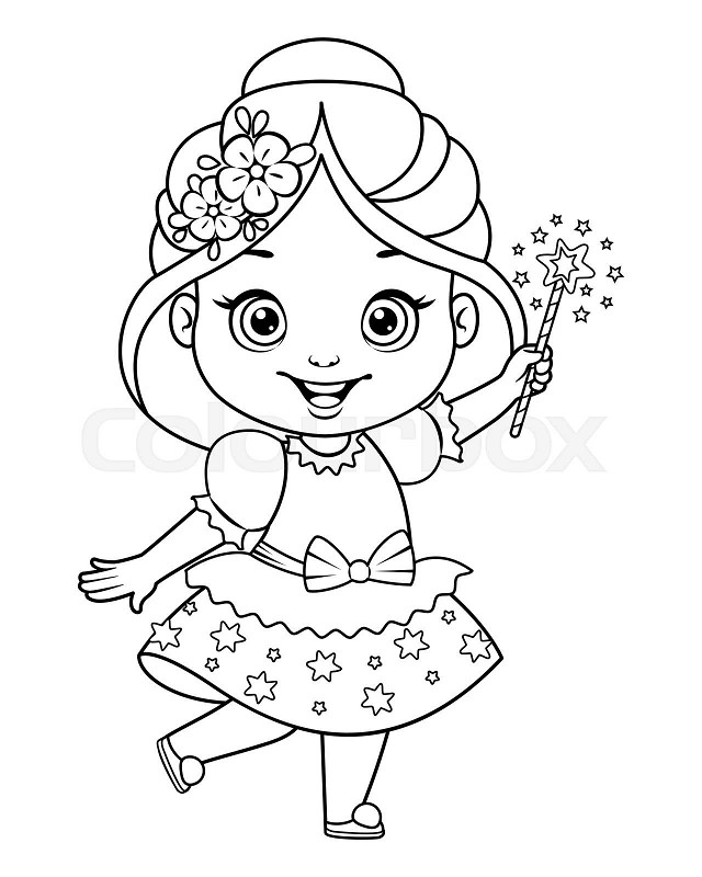 Girl with magic wand coloring page black and white cartoon illustration stock vector