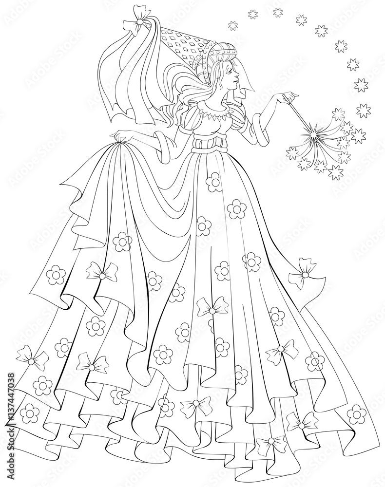 Black and white illustration of beautiful fairy holding magic wand for coloring worksheet for children and adults vector image vector