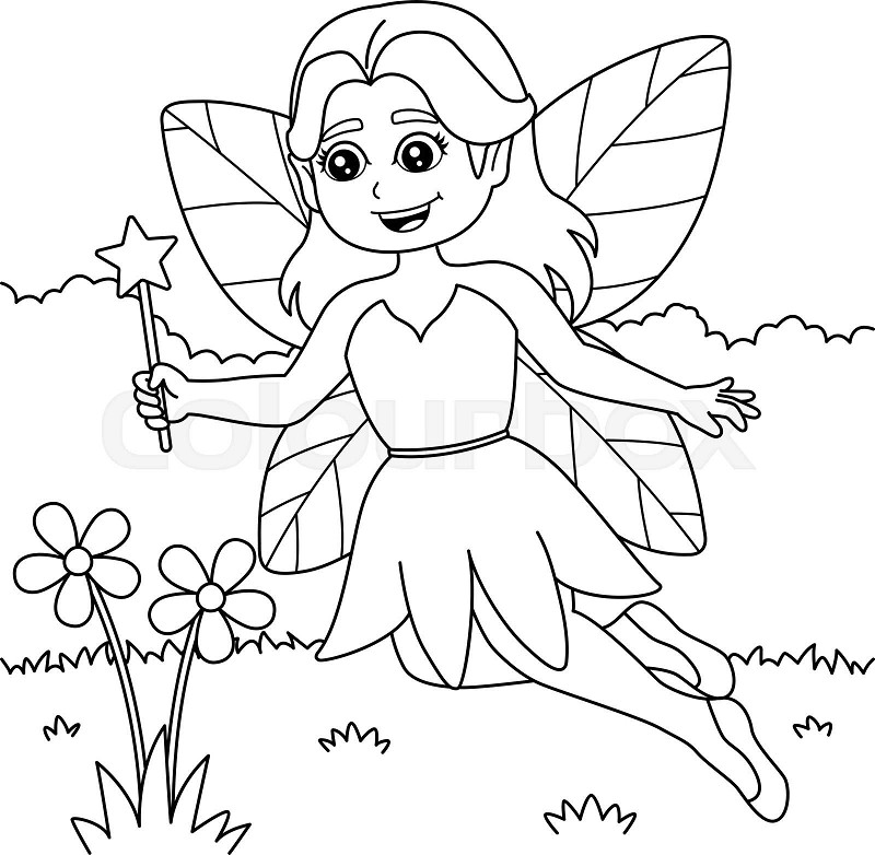 Fairy holding magic wand coloring page for kids stock vector