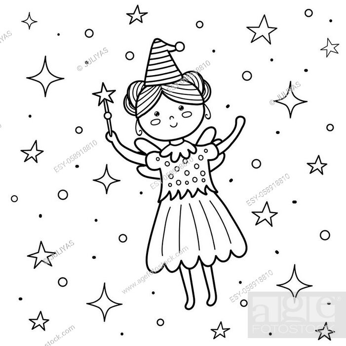 Coloring page for kids with a cute fairy flying princess woman with a magic wand black and white stock vector vector and low budget royalty free image pic esy
