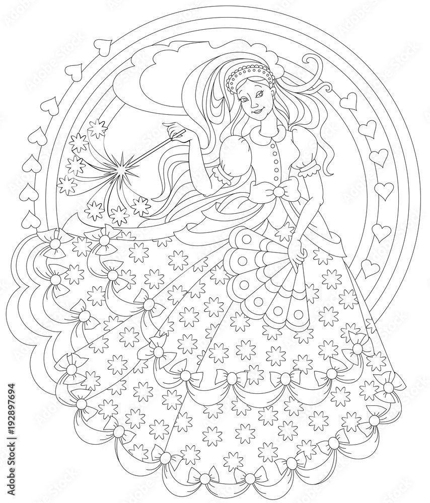Black and white page for coloring fantasy drawing of beautiful fairy holding magic wand worksheet for children and adults vector image vector