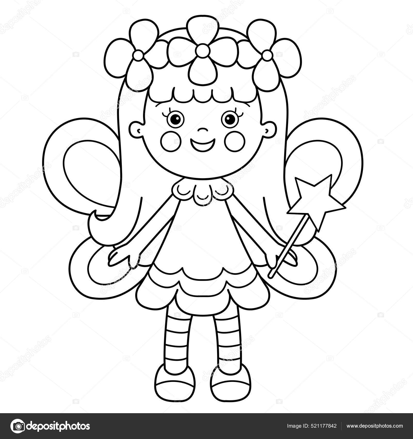 Coloring page outline cartoon flower fairy magic wand little kind stock vector by oleon