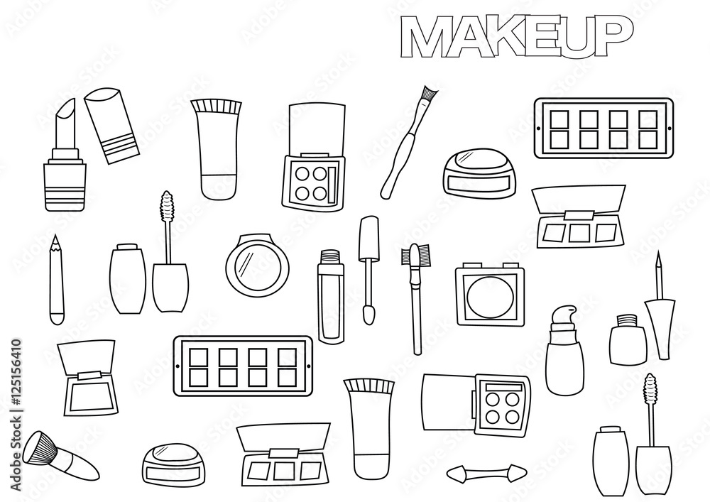 Hand drawn makeup set coloring book page template outline doodle vector illustration vector