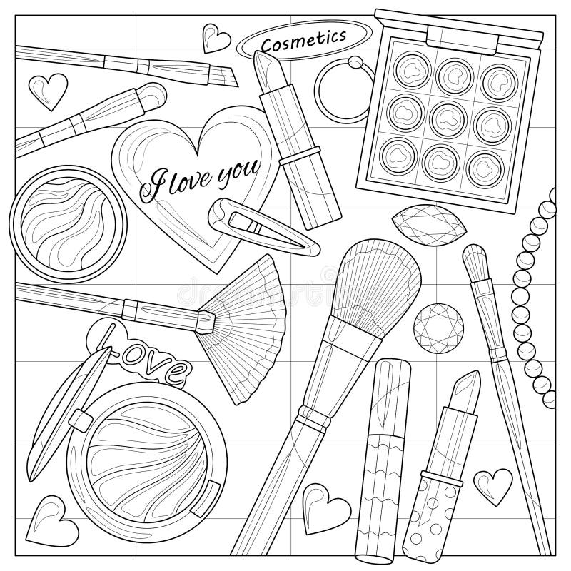 Layout of decorative cosmetics and makeup brushes on the tablecoloring book antistress for children and adults stock vector