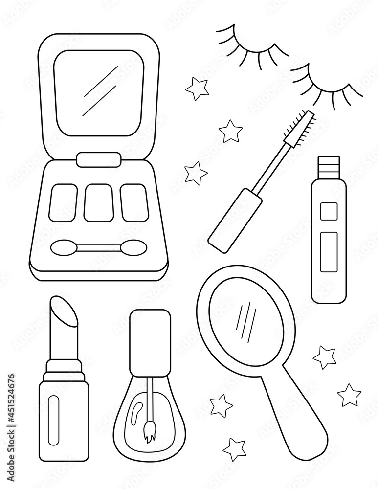 Girls cosmetic kit black outline easy coloring page with large shapes vertical orientation illustration