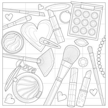 Premium vector layout of decorative cosmetics and makeup brushes on the tablecoloring book antistress for children and adults illustration isolated on white backgroundzen