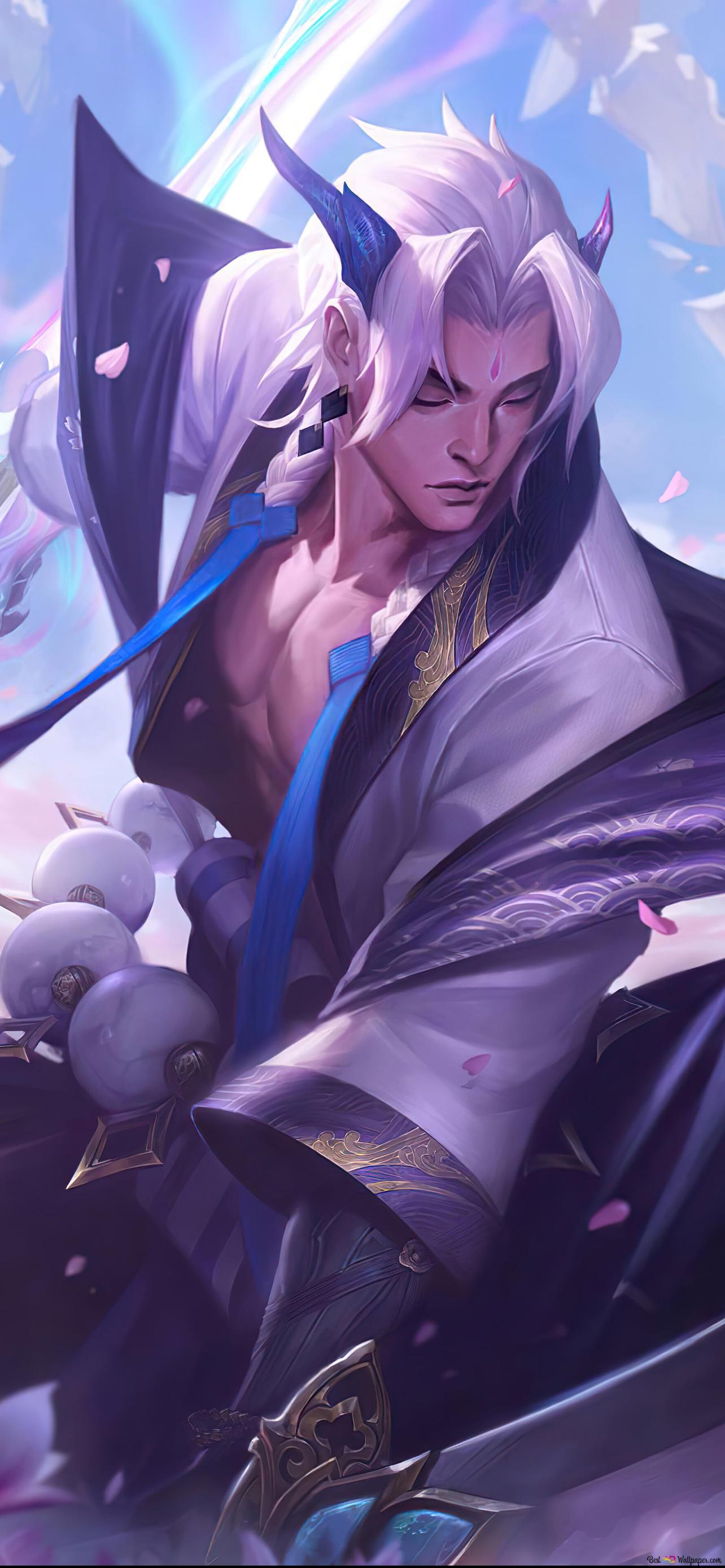 Male anime character from spirit blossom series with white hair in purple outfit k wallpaper download