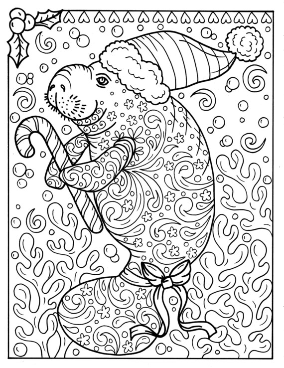 Manatee christmas coloring page instant download adult coloring pages sea life