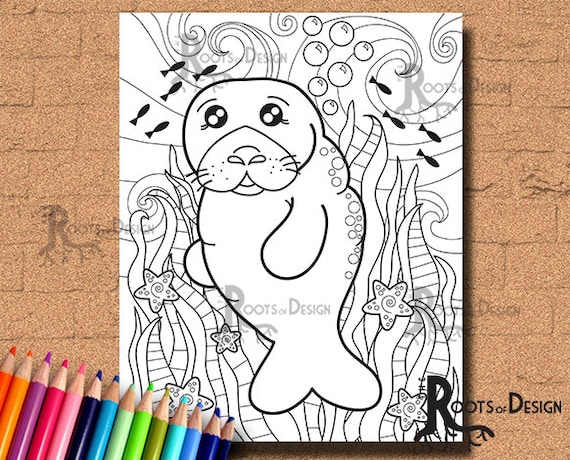 Instant download coloring page cute manatee print doodle art printable instant download