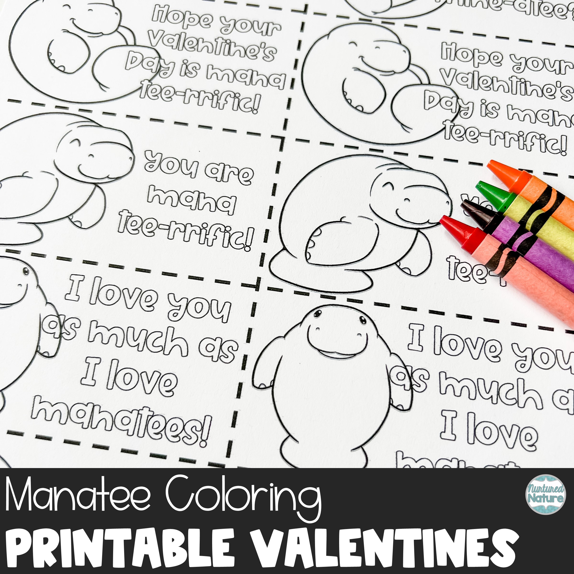 Manatee coloring valentines day cards printable made by teachers