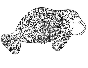 Manatee zentangle coloring page by pamela kennedy tpt