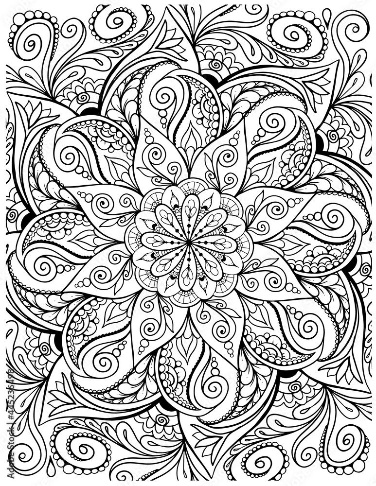 Ornamental mandala adult coloring book page zentangle style coloring page mandala black outline vector