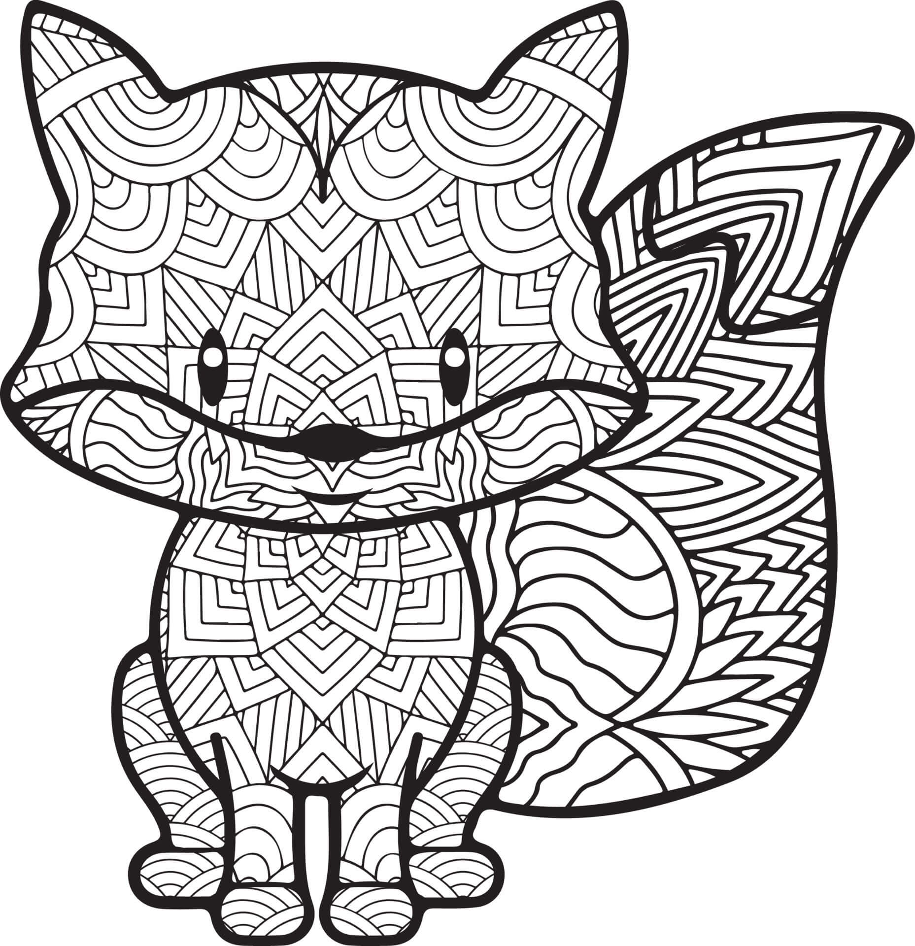Smiling little fox mandala coloring page