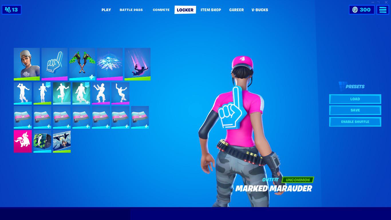 Pink and blue theme marked marauder any banner skin number one vizion strikers and octo convergence glider and photon contrail are also what i use i hope you guys like it
