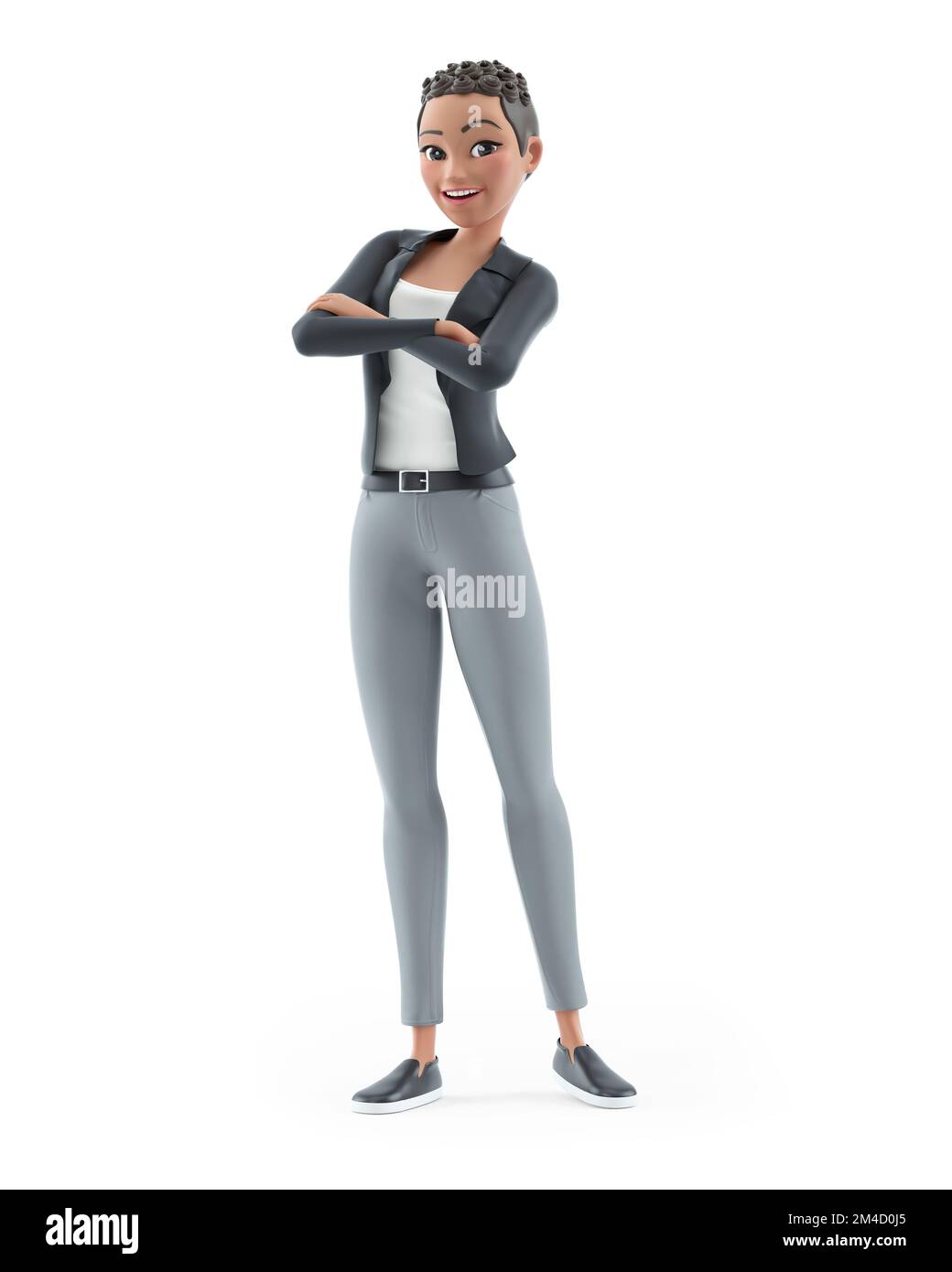 Cartoon confident woman standing arms hi