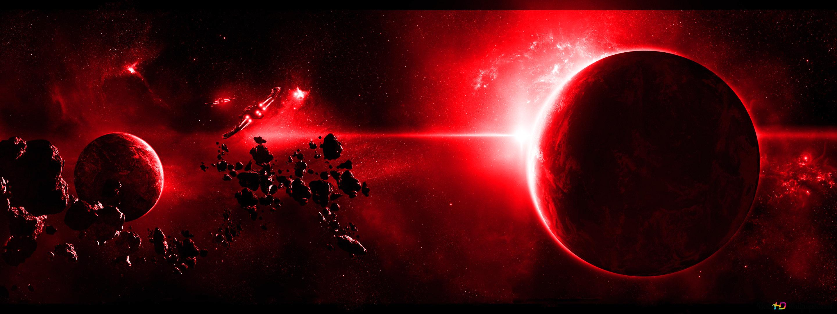 Planet red accent dual monitor k wallpaper download