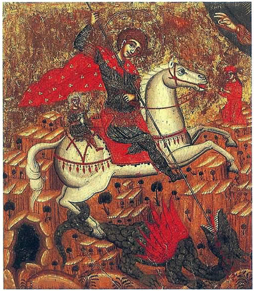 Medieval eastern european painting of st george and the dragon