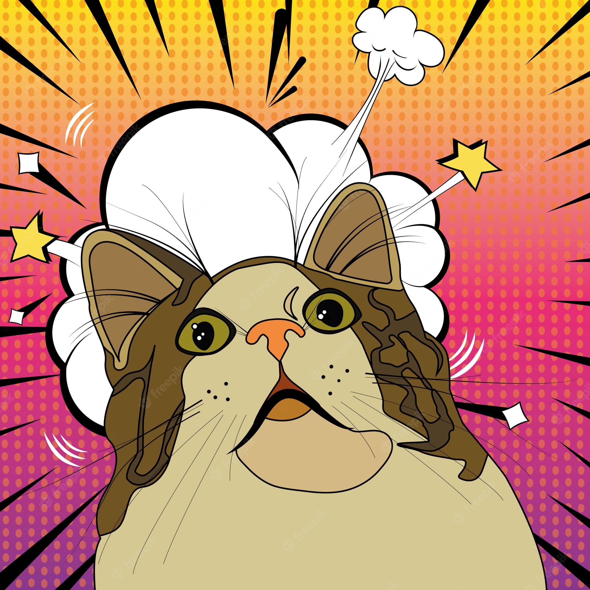 Premium vector funny cat on the background of the explosion pop art illustration meme cat vector illustration in
