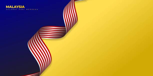 Blue yellow background with waving malaysian flag design malaysian text mean is happy independence day stock illustration