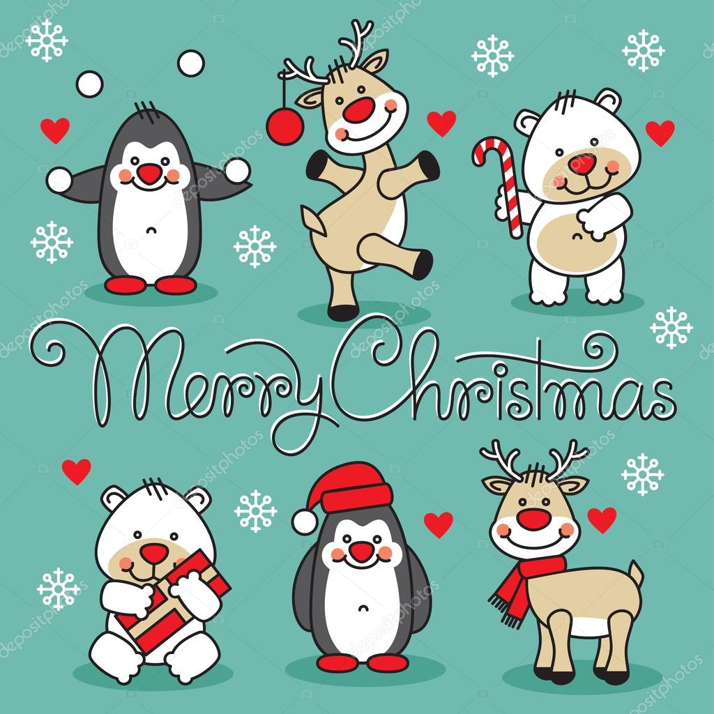 Set cute christmas cartoon animals with merry christmas hand lettering text stock vector image by milyana