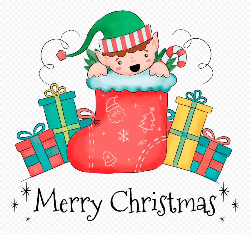 Merry christmas cartoon elf with gifts png