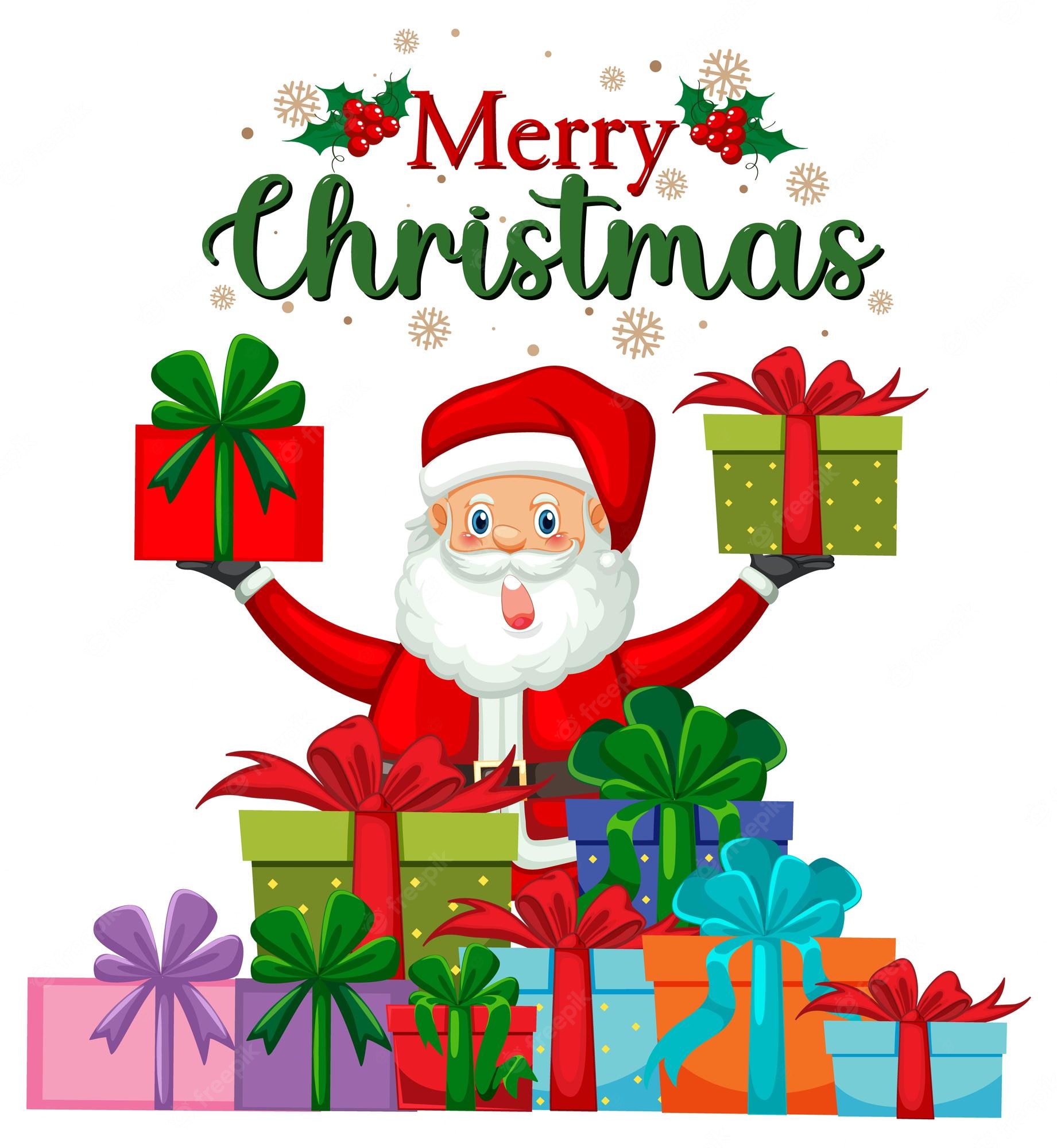 Free vector merry christmas text with santa claus cartoon character