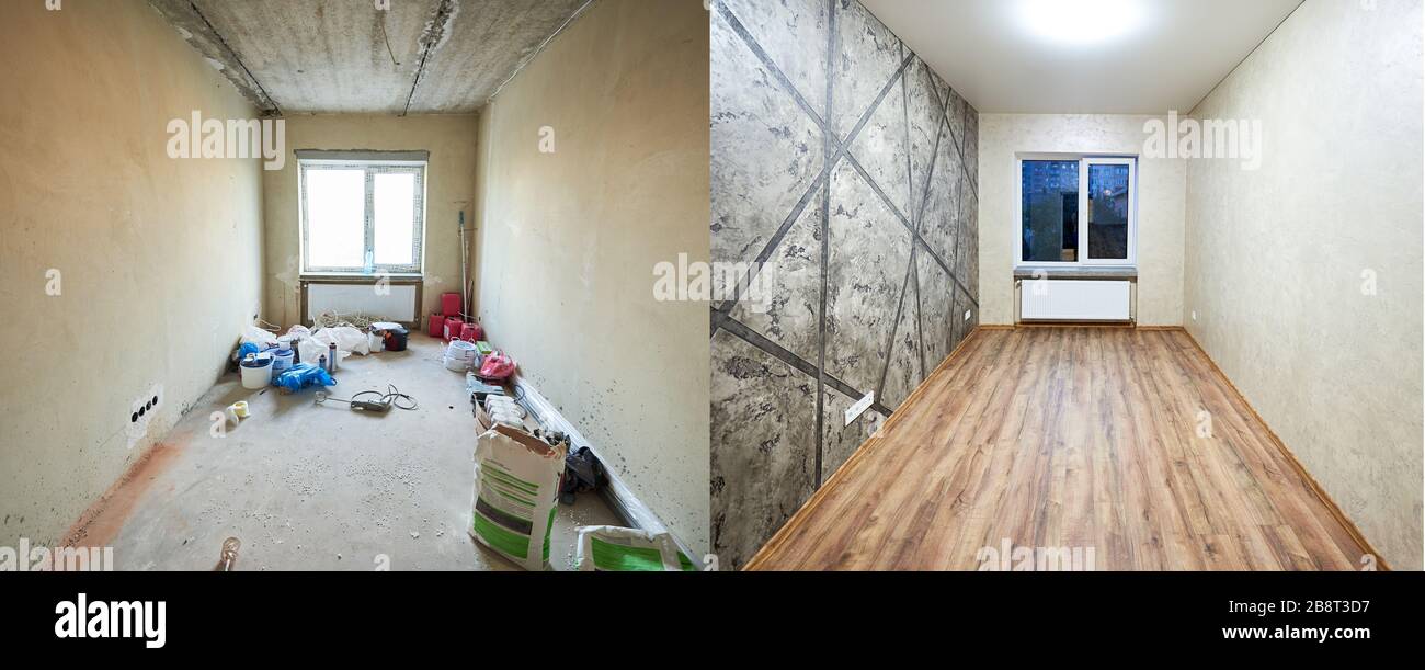 Room modernization old messy flat vs new empty rebuilt one with wood laminate beige and grey wallpapers and a window stock photo