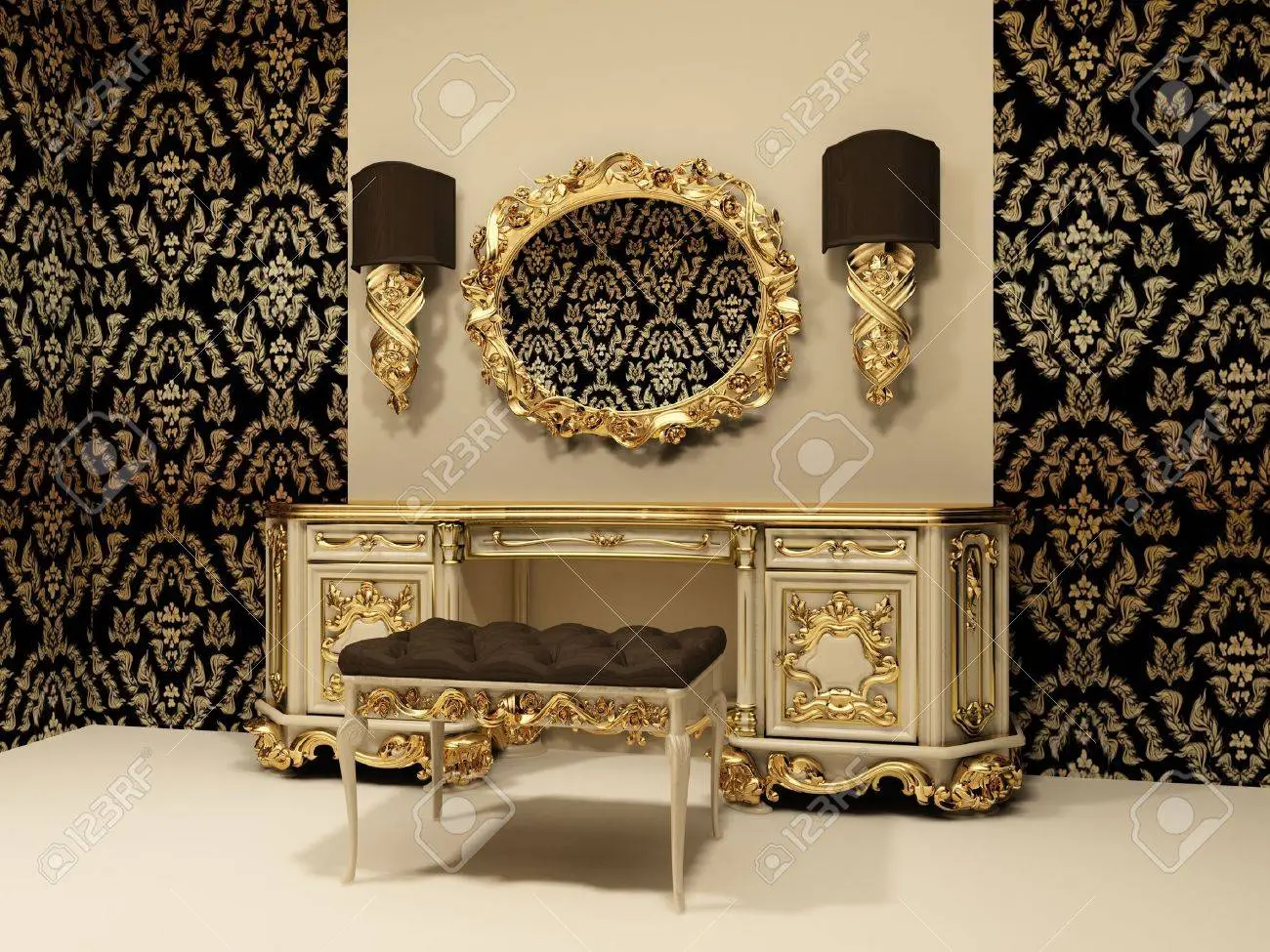 Baroque table with mirror on the wallpaper background with ornament stock photo picture and royalty free image image