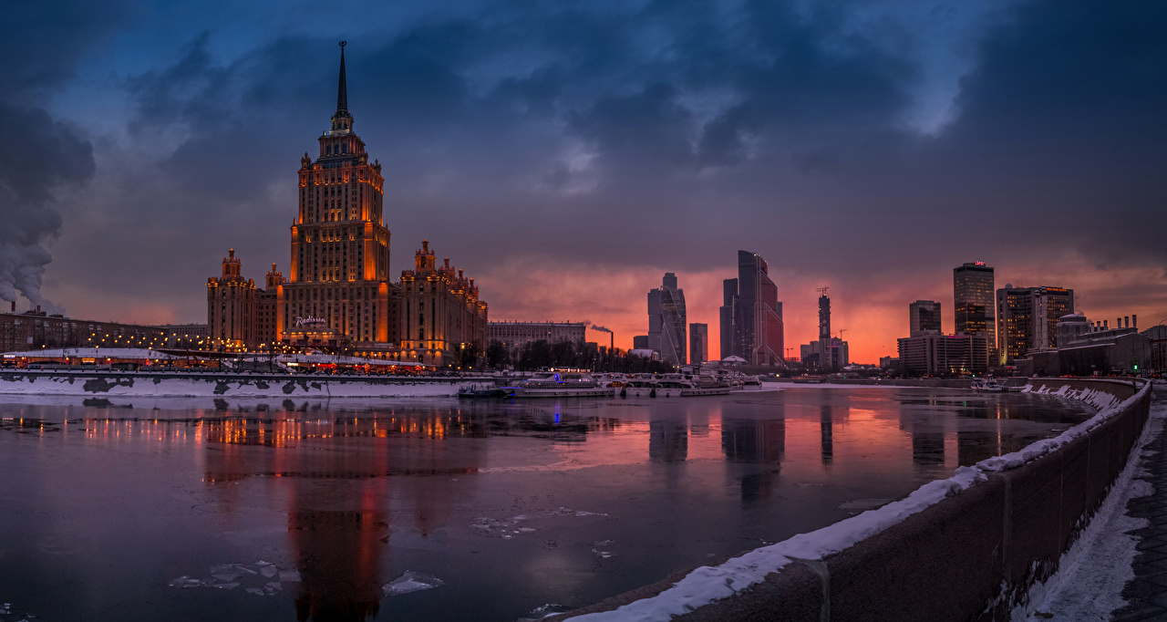 Desktop wallpapers moscow russia winter pier rivers evening houses