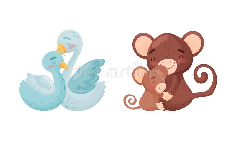 Mother and baby animals set swan and monkey moms hugging their kids cartoon vector illustration stock vector
