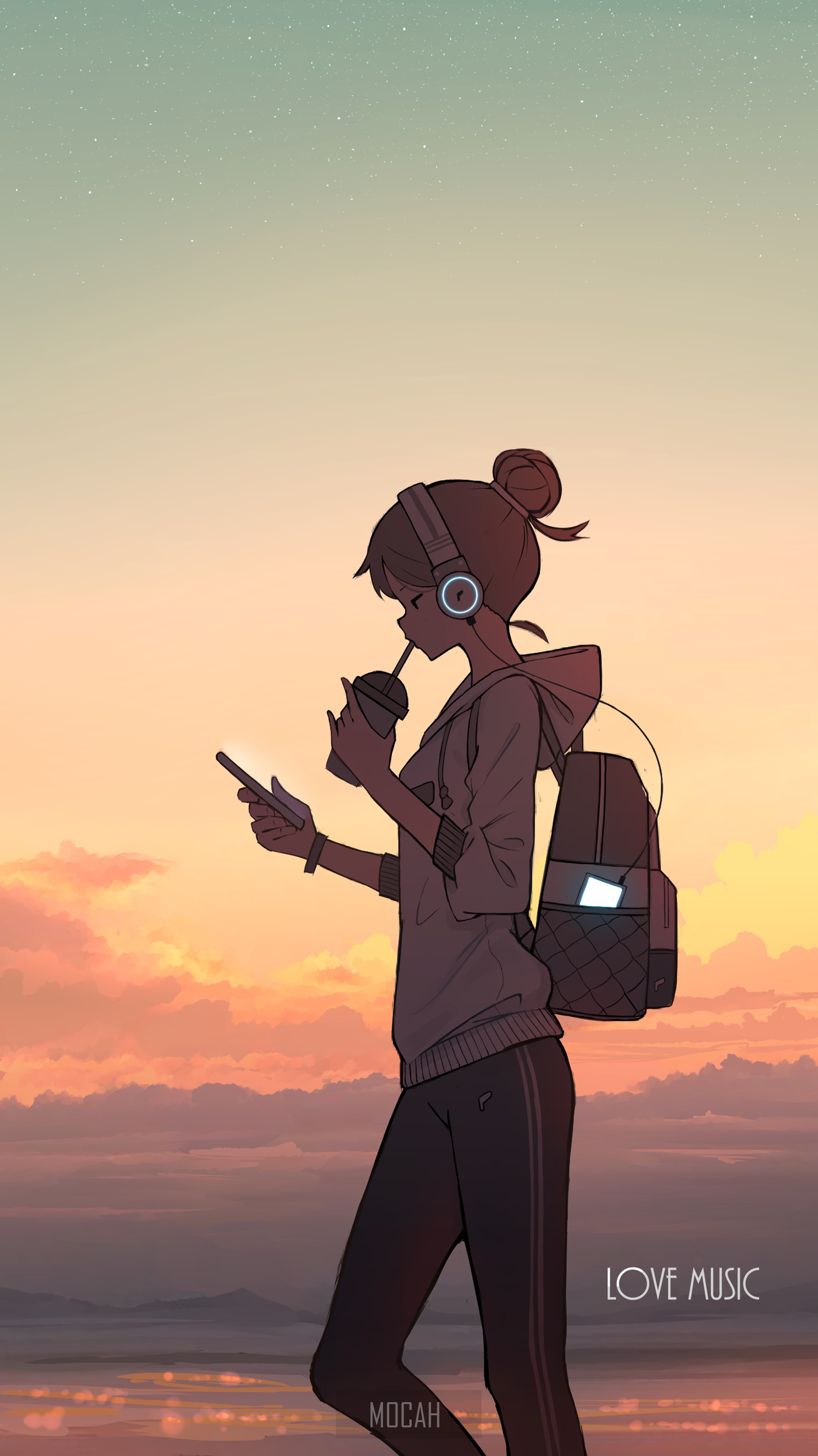 Anime anime girl headphones sunset wallpaper hd x