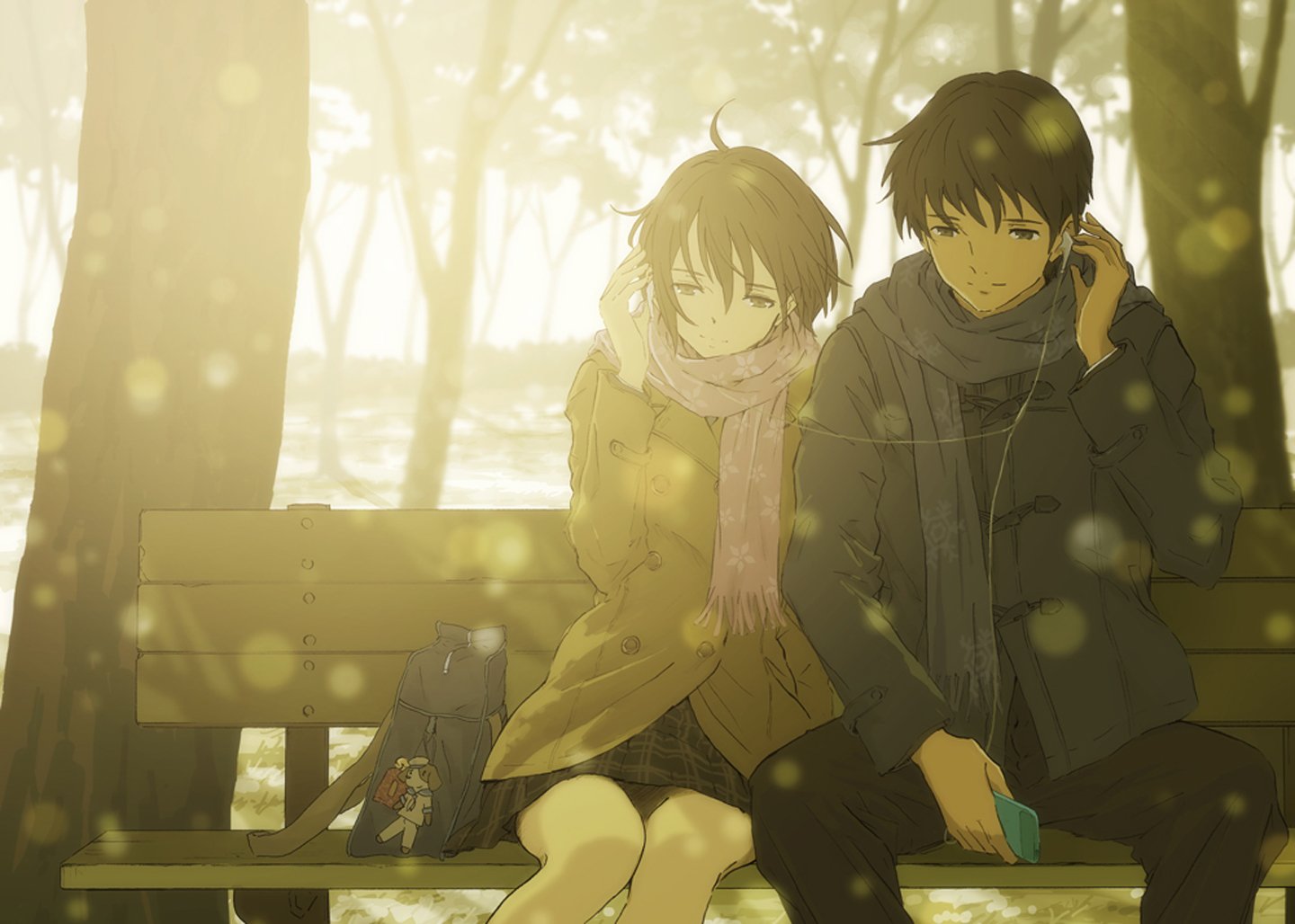Anime love couple music headphone tree winter sunshine romantic wallpapers hd desktop and mobile backgrounds