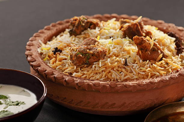 Mutton gosht biryani a rice preparation with meat and spices stock photo