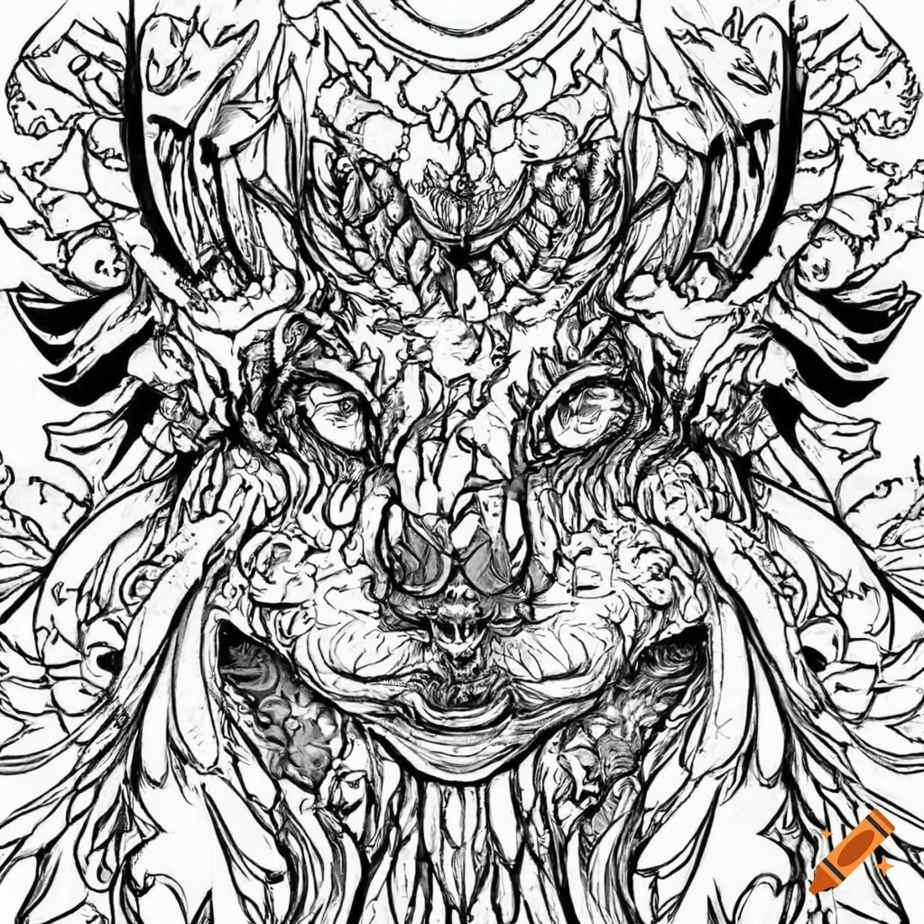 Black and white coloring page of mythical creatures on