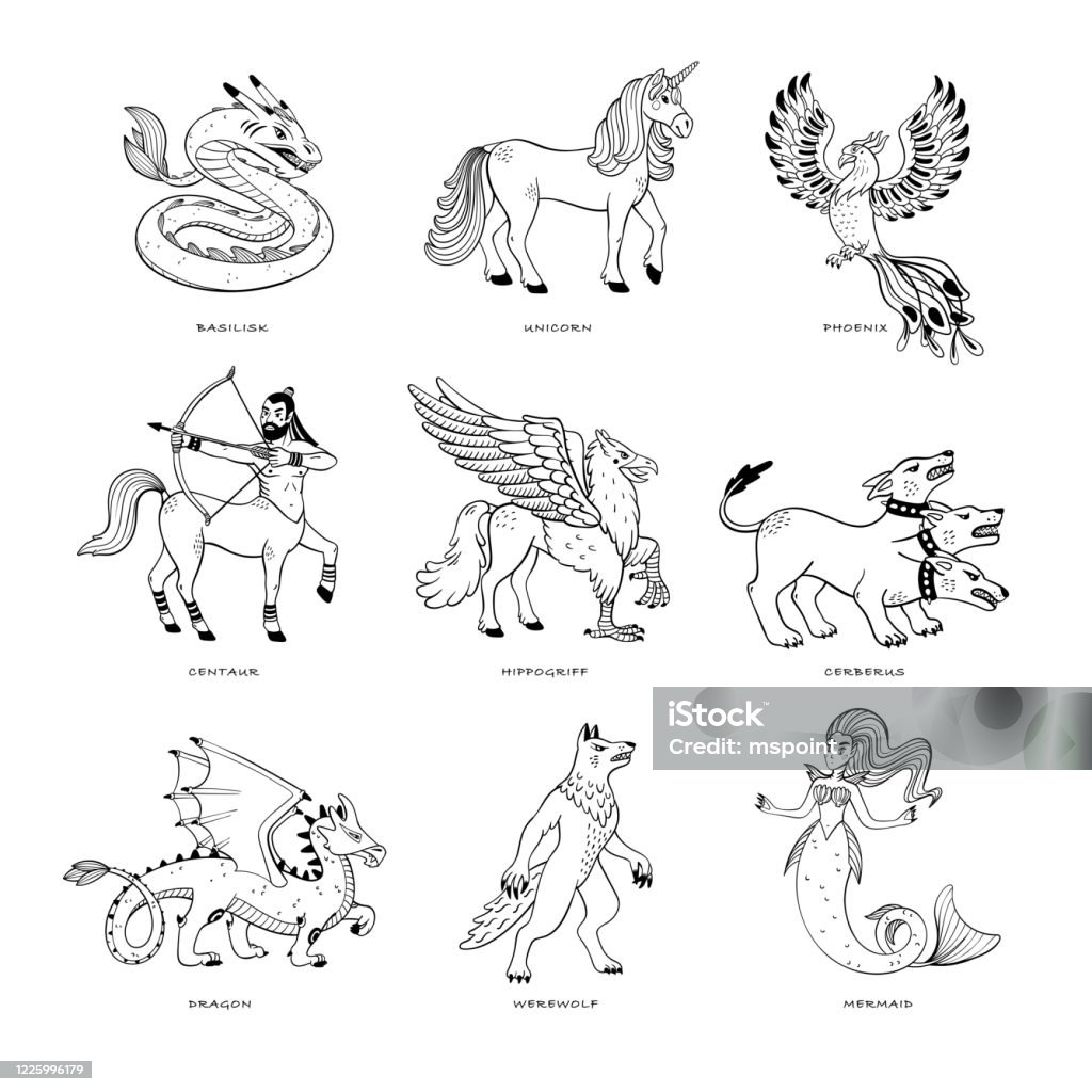 Magical creatures set mythological animals doodle style black and white vector illustration isolated on white background tattoo design or coloring page line art stock illustration