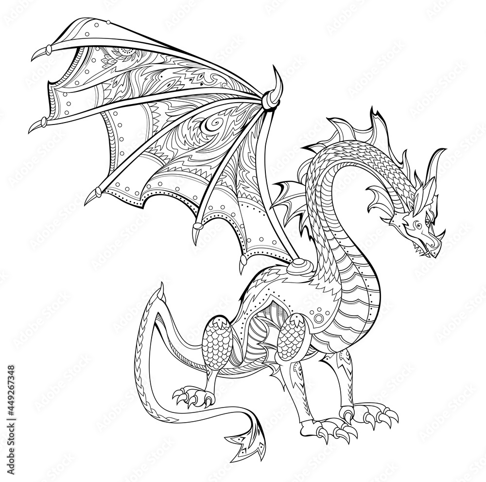 Illustration of warlike dragon from ancient legend printable page for kids coloring book print for logo or tattoo sheet for drawing and meditation for children and adults mythological animal vector