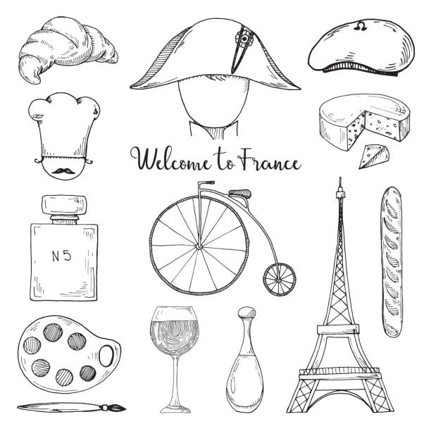 Set of elements of french culture wele to france vector illustration in sketch style stock illustration