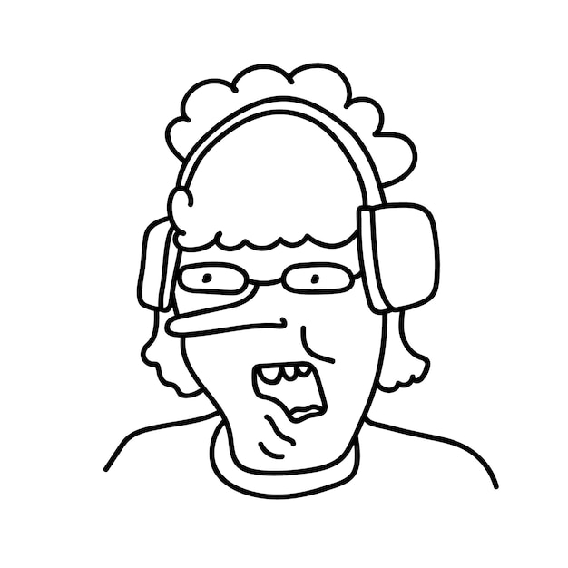 Premium vector hand drawn doodle human with long nose and curly hair cartoon person in headphones and glasses